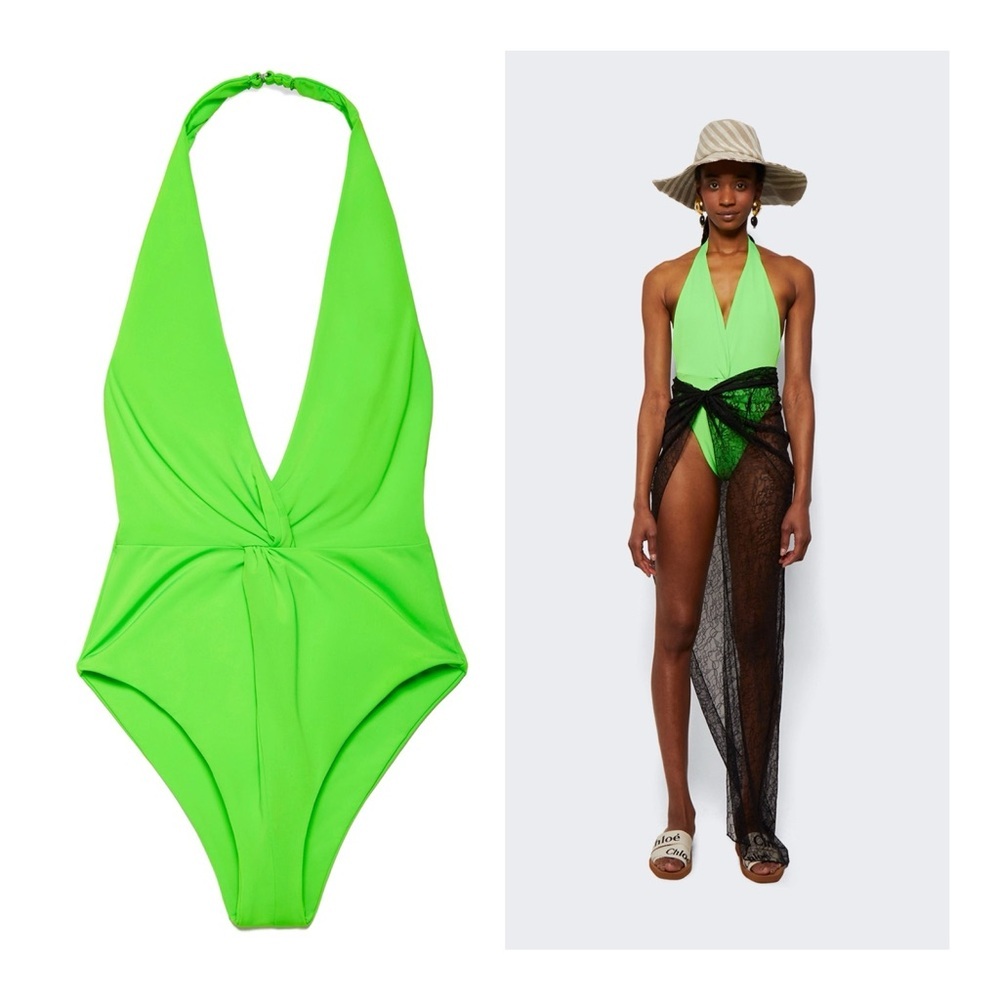 MARA HOFFMAN SOLID GABRIELA HALTER SWIMSUIT INTENSITY GREEN Plunging V-Neckline